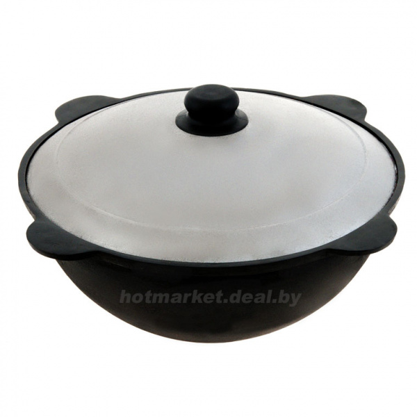 Казан узбекский чугунный 12л круглое дно с алюминиевой крышкой с подвесной ручкой